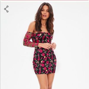 MISSGUIDED black embroidered mesh bardot dress